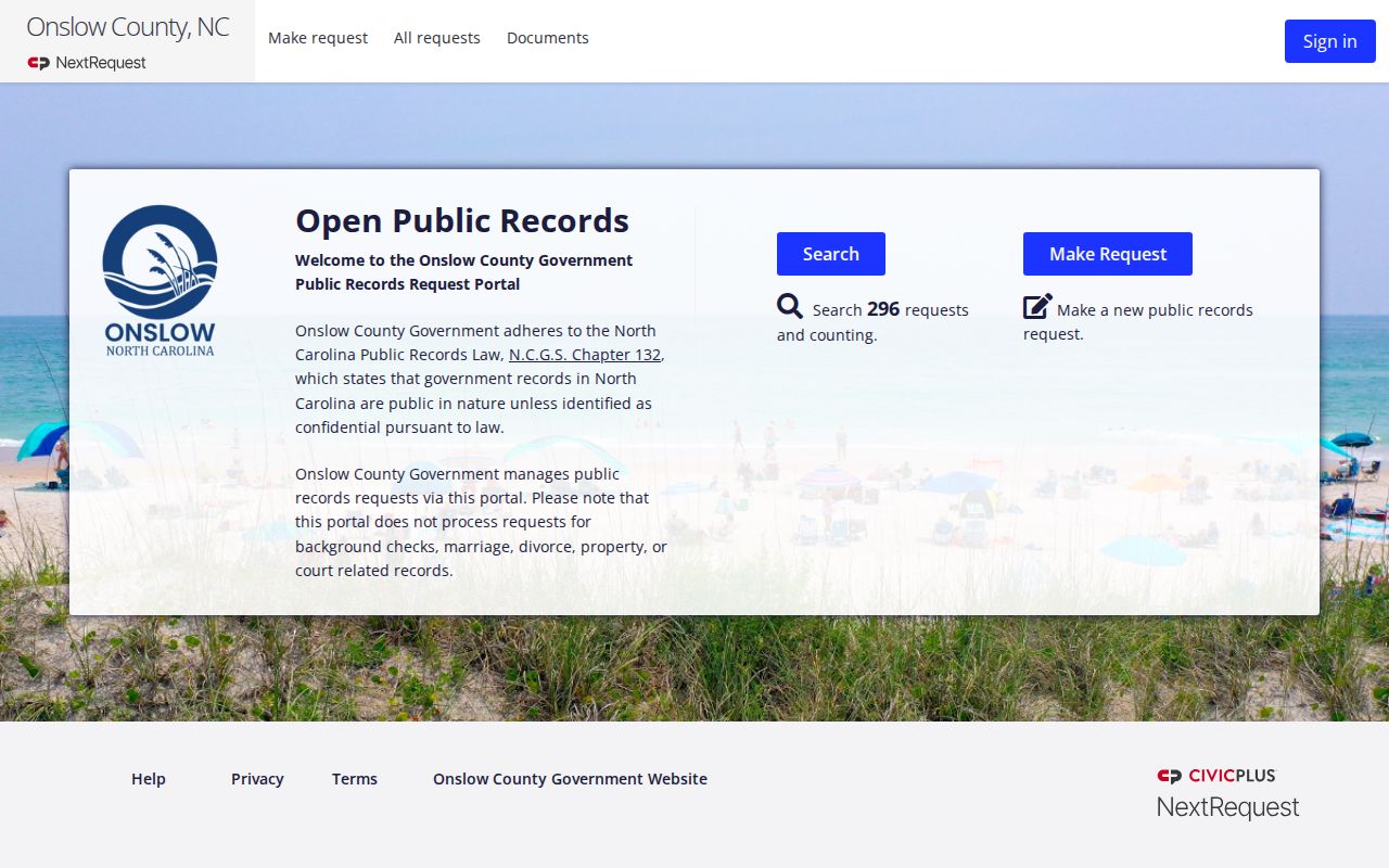 Onslow County public records request portal for booking records
